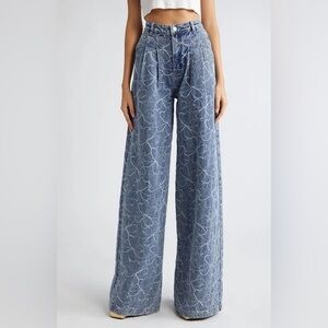 Ramy Brook Adley Embroidered Wide Leg Jeans Indigo Embossed Floral Denim 00